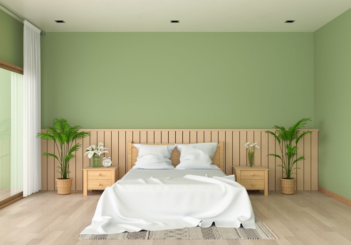 Green bedroom interior for mockup, 3D rendering