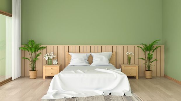 Green bedroom interior for mockup, 3D rendering