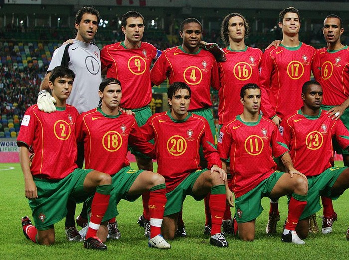 LISBON, PORTUGAL - OCTOBER 13:  Portugal team line up prior to the World Cup Group 3 match between Portugal and Russia on October 13, 2004 at the Estadio Jose Alvalade, Lisbon, Portugal. Back Row from left to right: Ricardo, Pauleta, Jorge Andrade, Ricardo Carvalho, Cristiano Ronaldo, Costinha Front Row from left to right: Paulo Ferreira, Maniche, Deco, Simao, Miguel  (Photo by Jamie McDonald/Getty Images)