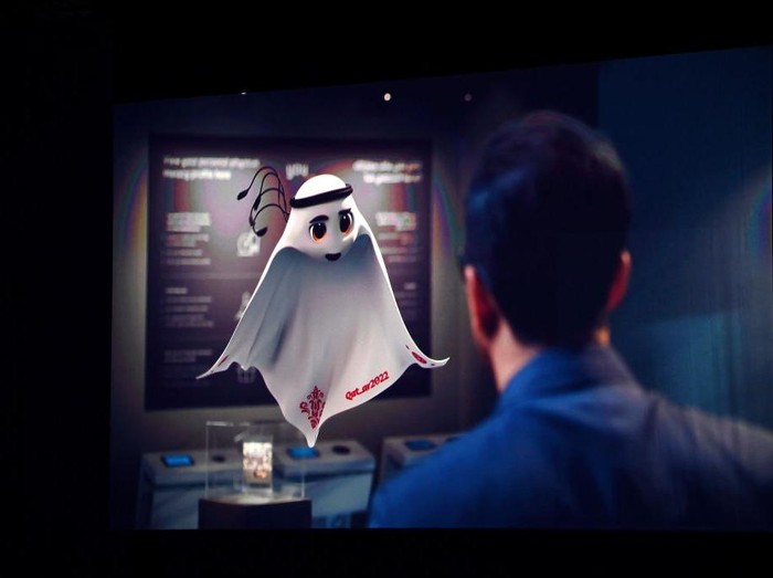 DOHA, QATAR - APRIL 01: La'eeb, The Fifa World Cup Qatar 2022 Mascot is announced on a LED Screen during the FIFA World Cup Qatar 2022 Final Draw at the Doha Exhibition Center on April 01, 2022 in Doha, Qatar. (Photo by Shaun Botterill/Getty Images)