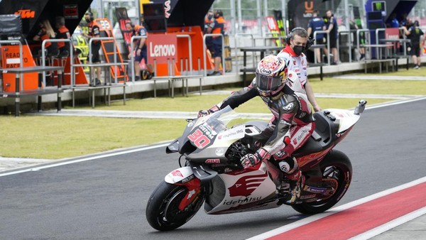 Japanese rider Takaaki Nakagami of LCR Honda IDEMITSU rides his motorbike from the garage during free practice 1 at Pertamina Mandalika Circuit in Mandalika, Lombok Island, Indonesia,  Friday, March 18, 2022. (AP Photo/Achmad Ibrahim)