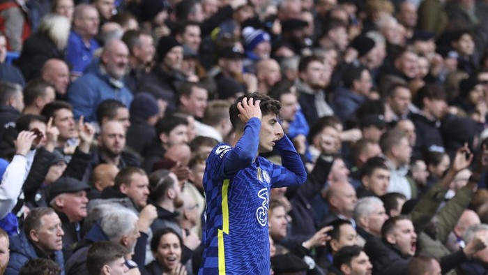 Chelseas Kai Havertz gestures after his goal disallowed during the English Premier League soccer match between Chelsea and Brentford, at the Stamford Bridge stadium in London, Saturday, April 2, 2022. (AP Photo/Ian Walton)