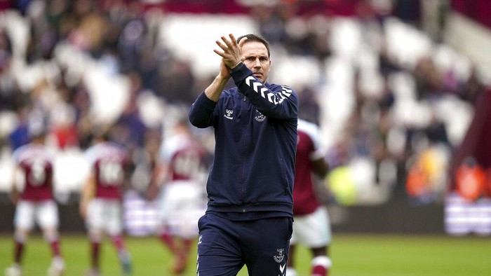 Everton manager Frank Lampard after the English Premier League soccer match between West Ham United and Everton at the London Stadium, London, Sunday, April 3, 2022. West Ham won the match 2-1. (Mike Egerton/PA via AP)
