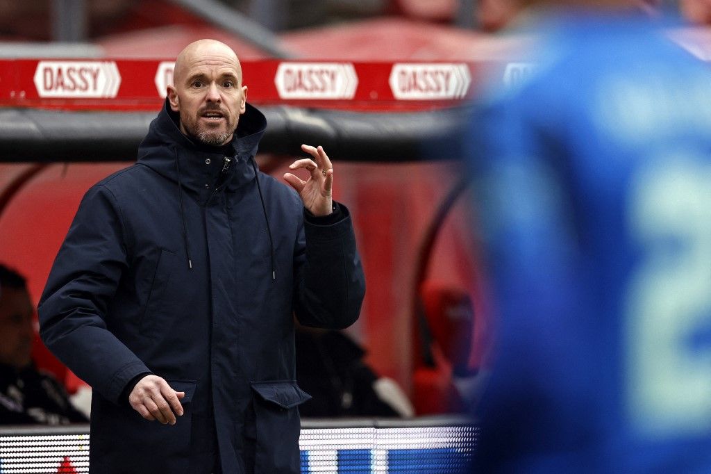 Ajax's Dutch coach Erik ten Hag reacts during the Dutch Eredivisie match between FC Utrecht and Ajax at Stadion Galgenwaard in Utrecht on January 16, 2022. (Photo by MAURICE VAN STEEN / ANP / AFP) / Netherlands OUT