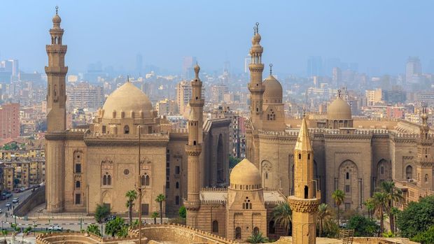 Cairo: Aerial view of Cairo city from Salah Al Deen Citadel (Cairo Citadel) with Al Sultan Hassan and Al Rifai Mosques