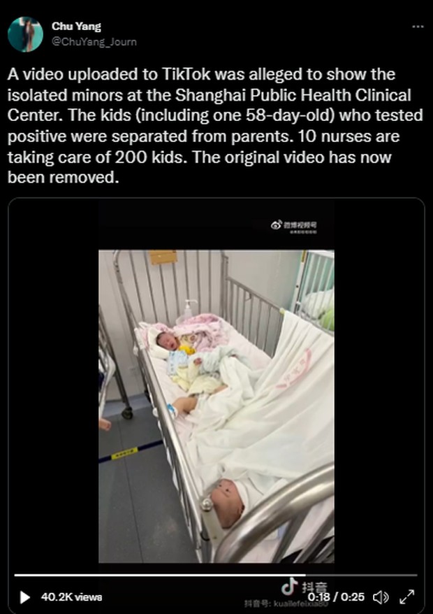 Anak positif Covid-19 di Shanghai dikarantina terpisah dari orang tua/ Foto: Twitter/ @ChuYang_Journ