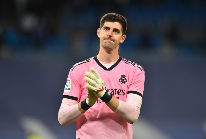 MADRID, SPAIN - MARCH 20: Thibaut Courtois of Real Madrid reacts after the LaLiga Santander match between Real Madrid CF and FC Barcelona at Estadio Santiago Bernabeu on March 20, 2022 in Madrid, Spain. (Photo by Denis Doyle/Getty Images)