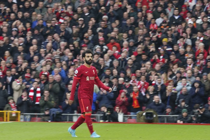 Mohamed Salah Liverpool's Mohamed Salah leaves the field during the English Premier League soccer match between Liverpool and Watford at Anfield stadium in Liverpool, England, Saturday, April 2, 2022. (AP Photo/Jon Super)