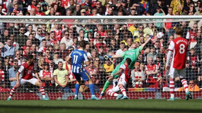 Soccer Football - Premier League - Arsenal v Brighton & Hove Albion - Emirates Stadium, London, Britain - April 9, 2022 Brighton & Hove Albions Leandro Trossard scores their first goal Action Images via Reuters/Matthew Childs EDITORIAL USE ONLY. No use with unauthorized audio, video, data, fixture lists, club/league logos or live services. Online in-match use limited to 75 images, no video emulation. No use in betting, games or single club /league/player publications.  Please contact your account representative for further details.