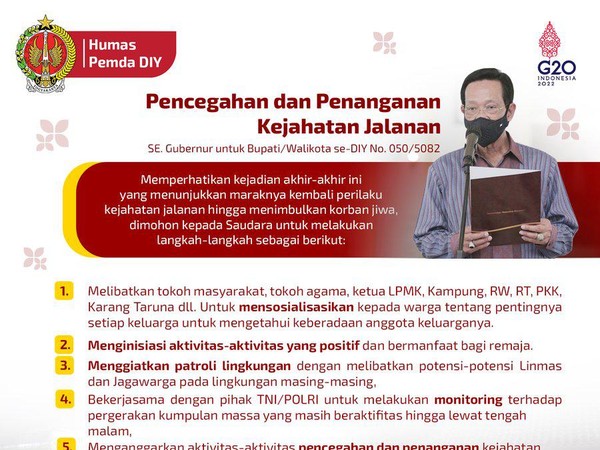 Gubernur Daerah Istimewa Yogyakarta (DIY) Sri Sultan Hamengku Buwono X menerbitkan Surat Edaran (SE) terkait kejahatan jalanan atau yang marak disebut klithih di Jogja, Jumat (9/4/2022).