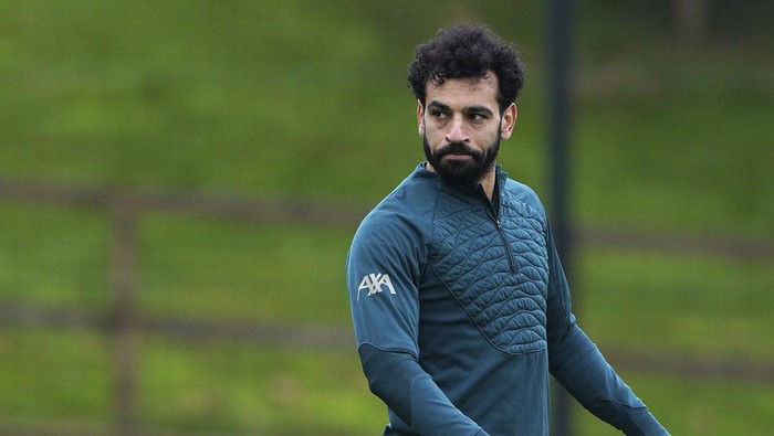 Liverpools Mohamed Salah attends a training session ahead of Tuesdays Champions League, first-leg, quarterfinal soccer match against Benfica, at the AXA Training Centre, Liverpool, Monday April 4, 2022. (Peter Byrne/PA via AP)