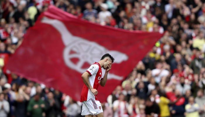 Arsenals Gabriel Martinelli reacts after scores a disallowed goal during the English Premier League soccer match between Arsenal and Brighton and Hove Albion at Emirates stadium in London, Saturday, April 9, 2022. (AP Photo/Ian Walton)