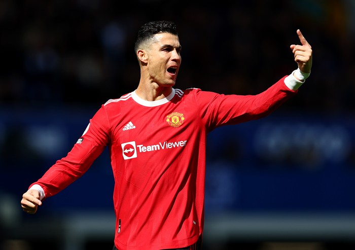 LIVERPOOL, ENGLAND - APRIL 09: Cristiano Ronaldo of Manchester United reacts during the Premier League match between Everton and Manchester United at Goodison Park on April 09, 2022 in Liverpool, England. (Photo by Clive Brunskill/Getty Images)