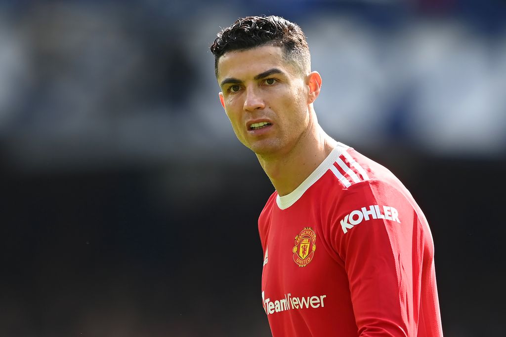 LIVERPOOL, ENGLAND - APRIL 09: Cristiano Ronaldo of Manchester United looks on during the Premier League match between Everton and Manchester United at Goodison Park on April 09, 2022 in Liverpool, England. (Photo by Michael Regan/Getty Images)