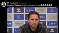 Berkat Maguire pula, nasib Frank Lampard jadi aman. Everton sendiri kini sementara menjauhi zona merah berkat kemenangan atas MU. (Foto: Twitter @Korsogyimi)