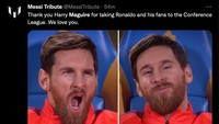 MU sendiri kini berada di peringkat 7 klasemen Liga Inggris. Jika bertahan sampai akhir musim, maka Cristiano Ronaldo dkk bisa saja tak tampil di Eropa. Paling memungkinkan, sih, merebut tiket European Conference League, liga kelas ketiga antarklub di Eropa. Fans Lionel Messi pasti senang, nih, melihat Cristiano Ronaldo absen di Eropa. (Foto: Twitter @MessiTribute)