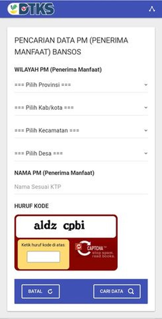 Laman DTKS/Screenshot Situs Cekbansos Kemensos/dok. Istimewa