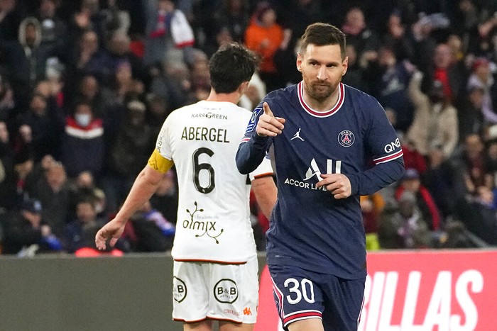 Lionel Messi PSG's Lionel Messi celebrates after scoring his side's fourth goal during the French League One soccer match between Paris Saint Germain and FC Lorient at Parc des Princes stadium in Paris, Sunday, April 3, 2022. (AP Photo/Michel Euler)