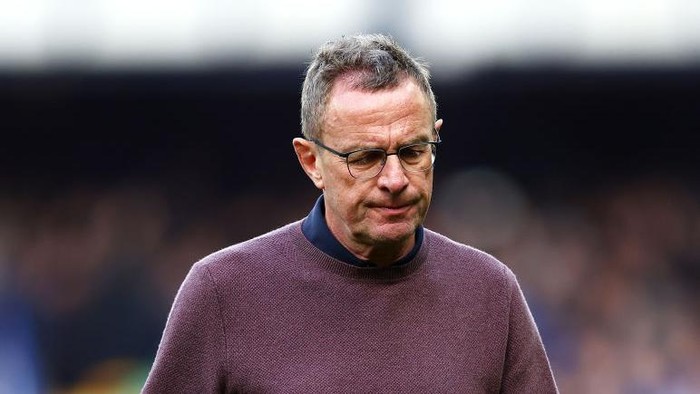 LIVERPOOL, ENGLAND - APRIL 09: Ralf Rangnick, Interim Manager of Manchester United looks dejected following their sides defeat in the Premier League match between Everton and Manchester United at Goodison Park on April 09, 2022 in Liverpool, England. (Photo by Clive Brunskill/Getty Images)