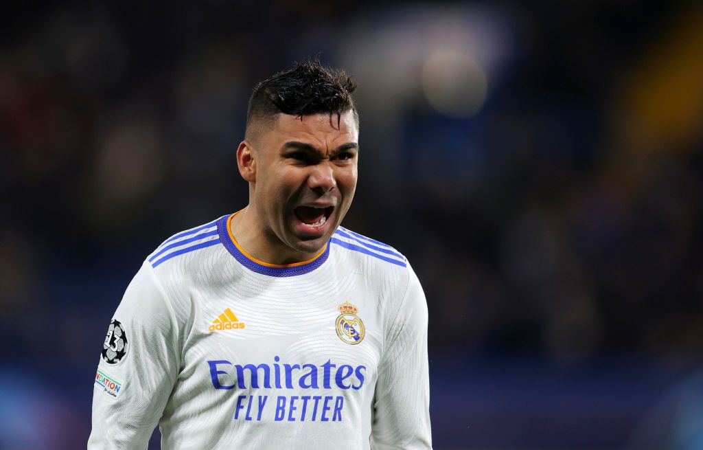LONDON, ENGLAND - APRIL 06: Casemiro of Real Madrid during the UEFA Champions League Quarter Final Leg One match between Chelsea FC and Real Madrid at Stamford Bridge on April 06, 2022 in London, England. (Photo by Catherine Ivill/Getty Images)