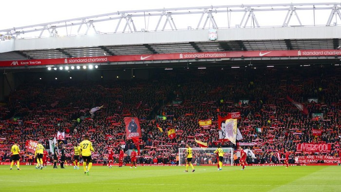 LIVERPOOL, ENGLAND - APRIL 02: Liverpool fans show their support during the Premier League match between Liverpool and Watford at Anfield on April 02, 2022 in Liverpool, England. (Photo by Clive Brunskill/Getty Images)