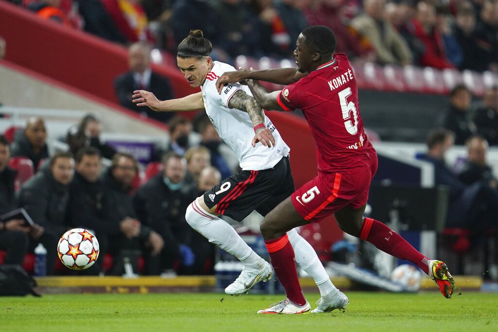 Benfica's Darwin Nunez during the Champions League quarterfinal second leg soccer match between Liverpool and Benfica, at Anfield stadium in Liverpool, England, Wednesday, April 13, 2022. (AP Photo/Jon Super)