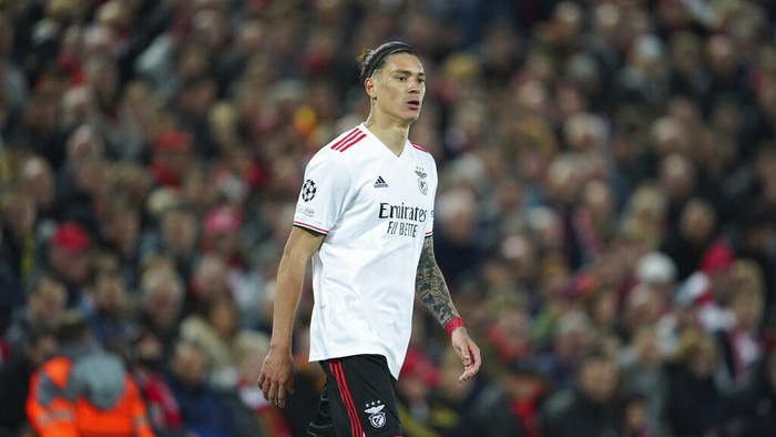Darwin Nunez Benfica's Darwin Nunez during the Champions League quarterfinal second leg soccer match between Liverpool and Benfica, at Anfield stadium in Liverpool, England, Wednesday, April 13, 2022. (AP Photo/Jon Super)