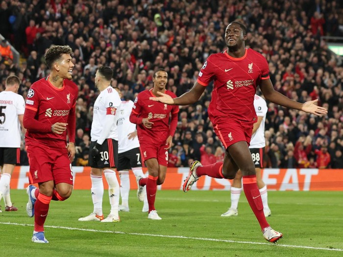 Soccer Football - Champions League - Quarter Final - Second Leg - Liverpool v Benfica - Anfield, Liverpool, Britain - April 13, 2022 Liverpool's Ibrahima Konate scores their first goal REUTERS/Phil Noble