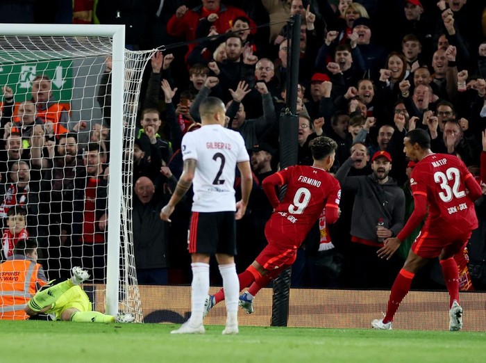 Soccer Football - Champions League - Quarter Final - Second Leg - Liverpool v Benfica - Anfield, Liverpool, Britain - April 13, 2022 Liverpool's Ibrahima Konate scores their first goal REUTERS/Phil Noble