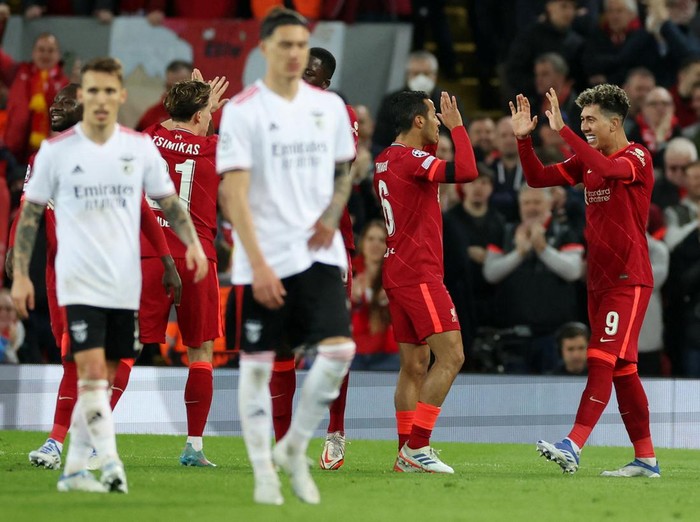 Soccer Football - Champions League - Quarter Final - Second Leg - Liverpool v Benfica - Anfield, Liverpool, Britain - April 13, 2022 Liverpool's Ibrahima Konate scores their first goal REUTERS/Phil Noble