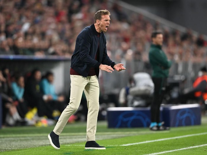 MUNICH, GERMANY - APRIL 12: Julian Nagelsmann, Head coach of FC Bayern Muenchen reacts during the UEFA Champions League Quarter Final Leg Two match between Bayern München and Villarreal CF at Football Arena Munich on April 12, 2022 in Munich, Germany. (Photo by Christian Kaspar-Bartke/Getty Images)
