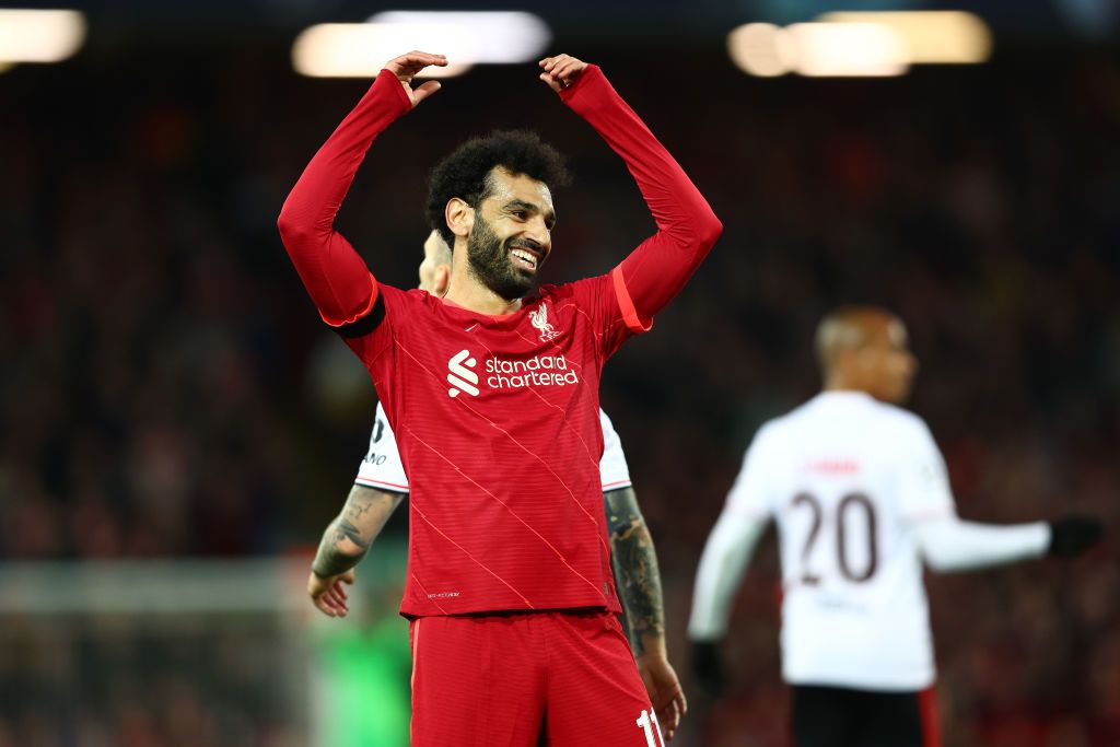LIVERPOOL, ENGLAND - APRIL 13: Mohamed Salah of Liverpool reacts after a missed chance during the UEFA Champions League Quarter Final Leg Two match between Liverpool FC and SL Benfica at Anfield on April 13, 2022 in Liverpool, England. (Photo by Clive Brunskill/Getty Images)