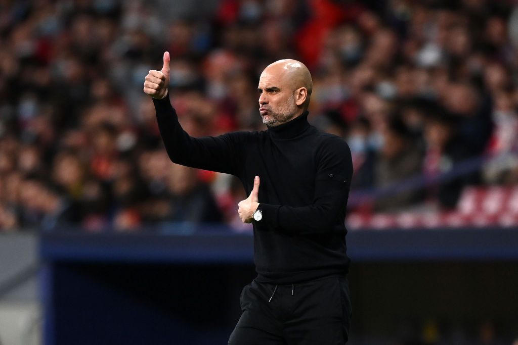 MADRID, SPAIN - APRIL 13: Manchester City Manager, Pep Guardiola reacts during the UEFA Champions League Quarter Final Leg Two match between Atletico Madrid and Manchester City at Wanda Metropolitano on April 13, 2022 in Madrid, Spain. (Photo by Shaun Botterill/Getty Images)