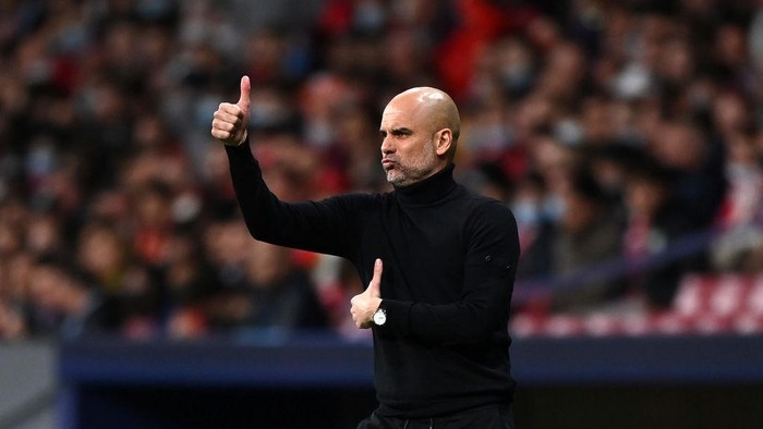 MADRID, SPAIN - APRIL 13: Manchester City Manager, Pep Guardiola reacts during the UEFA Champions League Quarter Final Leg Two match between Atletico Madrid and Manchester City at Wanda Metropolitano on April 13, 2022 in Madrid, Spain. (Photo by Shaun Botterill/Getty Images)