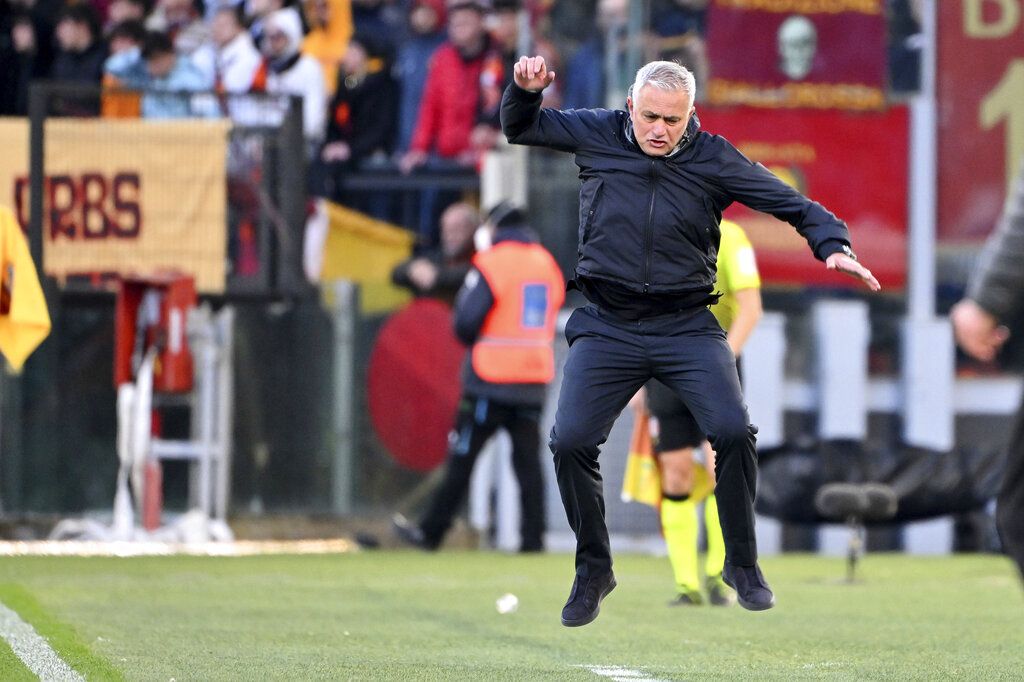 Roma's Jose Mourinho reacts during the Serie A soccer match between Roma and Salernitana at Olympic stadium of Rome, Sunday April 10, 2022. (Alfredo Falcone/LaPresse via AP)
