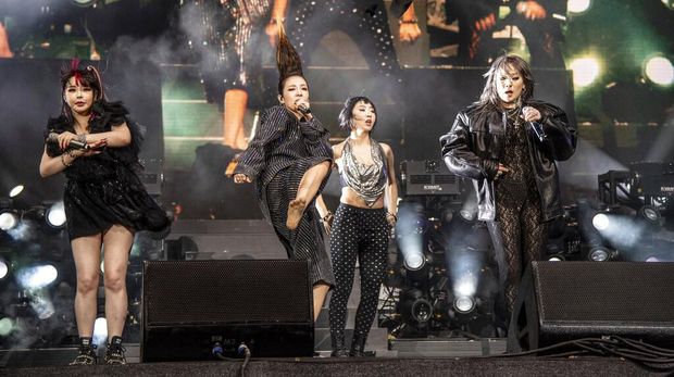 EDS NOTE: OBSCENITY - Dara, from left, Park Bom, CL, and Minzy of 2NE1 perform at the Coachella Music & Arts Festival at the Empire Polo Club on Saturday, April 16, 2022, in Indio, Calif. (Photo by Amy Harris/Invision/AP)