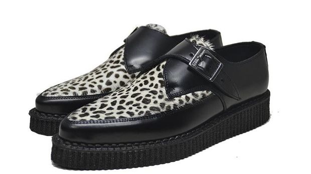 APOLLO – CREEPER – BLACK LEATHER & LEOPARD PRINT – SINGLE SOLE