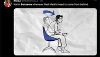 Real Madrid menang 3-2 atas Sevilla usai ketinggalan dua gol lebih dulu. Benzema mencetak gol penentu. Foto: dok. Twitter
