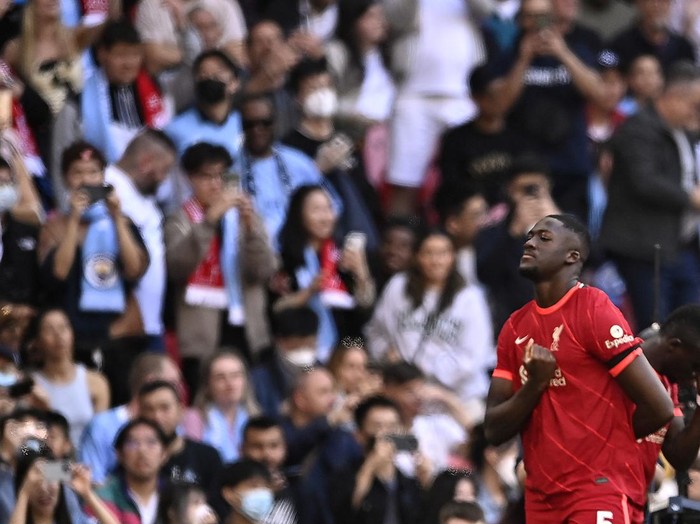 Soccer Football - FA Cup Semi Final - Manchester City v Liverpool - Wembley Stadium, London, Britain - April 16, 2022 Liverpool's Ibrahima Konate celebrates scoring their first goal Action Images via Reuters/Tony Obrien