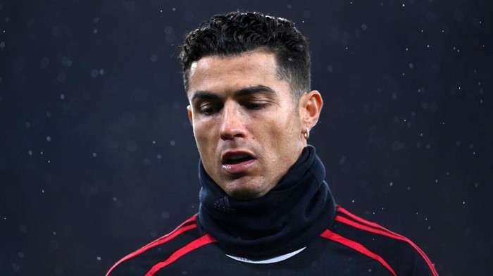 BURNLEY, ENGLAND - FEBRUARY 08: Cristiano Ronaldo of Manchester United looks on prior to the Premier League match between Burnley and Manchester United at Turf Moor on February 08, 2022 in Burnley, England. (Photo by Laurence Griffiths/Getty Images)