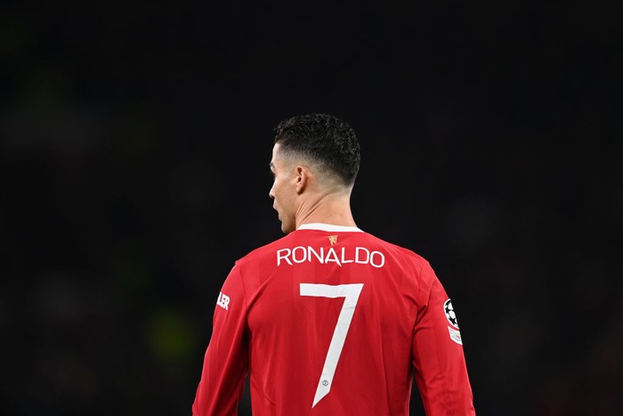MANCHESTER, ENGLAND - MARCH 15: Cristiano Ronaldo of Manchester United looks on during the UEFA Champions League Round Of Sixteen Leg Two match between Manchester United and Atletico Madrid at Old Trafford on March 15, 2022 in Manchester, England. (Photo by Michael Regan/Getty Images)