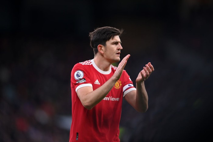 MANCHESTER, ENGLAND - APRIL 02: Harry Maguire of Manchester United looks on during the Premier League match between Manchester United and Leicester City at Old Trafford on April 02, 2022 in Manchester, England. (Photo by Laurence Griffiths/Getty Images)