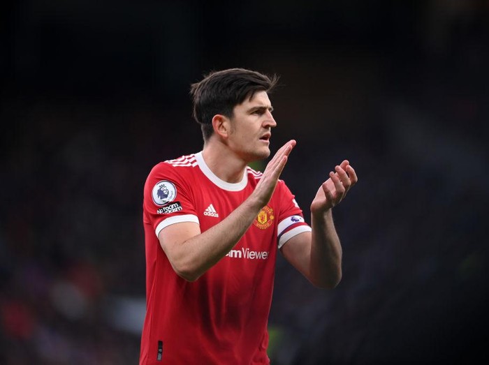 MANCHESTER, ENGLAND - APRIL 02: Harry Maguire of Manchester United looks on during the Premier League match between Manchester United and Leicester City at Old Trafford on April 02, 2022 in Manchester, England. (Photo by Laurence Griffiths/Getty Images)