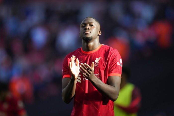 Liverpool's Ibrahima Konate applauds fans at the end of the English FA Cup semifinal soccer match between Manchester City and Liverpool at Wembley stadium in London, Saturday, April 16, 2022. (AP Photo/Frank Augstein)