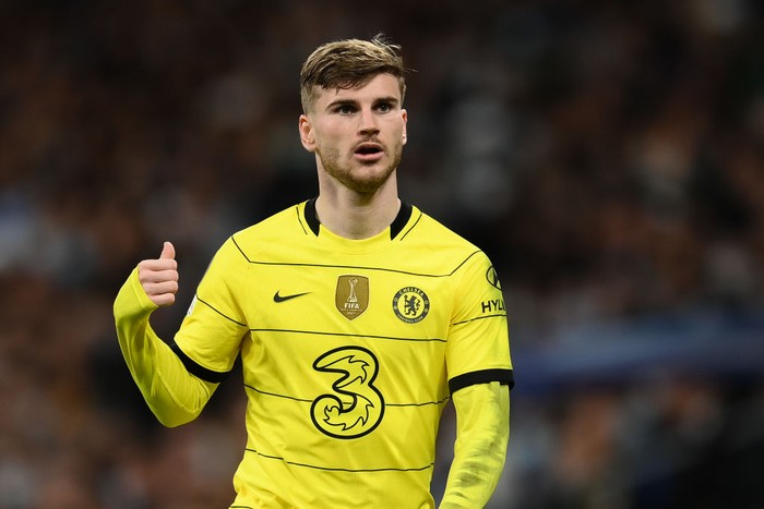 MADRID, SPAIN - APRIL 12: Timo Werner of Chelsea FC looks on during the UEFA Champions League Quarter Final Leg Two match between Real Madrid and Chelsea FC at Estadio Santiago Bernabeu on April 12, 2022 in Madrid, Spain. (Photo by David Ramos/Getty Images)