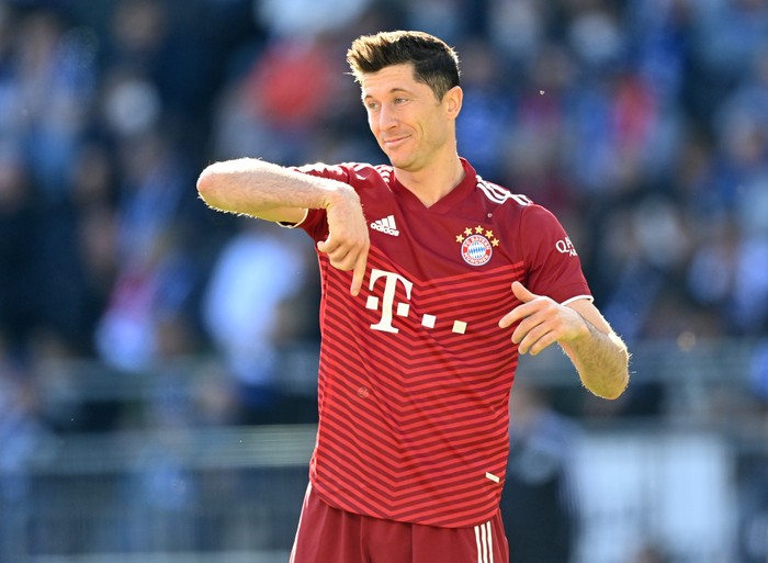 BIELEFELD, GERMANY - APRIL 17: Robert Lewandowski of Bayern Muenchen looks on during the Bundesliga match between DSC Arminia Bielefeld and FC Bayern München at Schueco Arena on April 17, 2022 in Bielefeld, Germany. (Photo by Stuart Franklin/Getty Images)