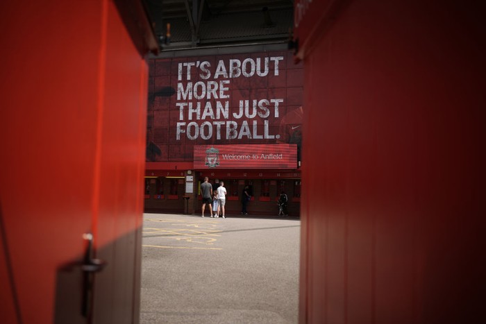 Anfield LIVERPOOL, UNITED KINGDOM - AUGUST 03: A giant slogan 'IT'S ABOUT MORE THAN JUST FOOTBALL