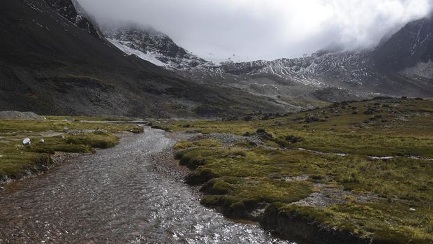 Gletser Charquini di Bolivia Terancam Hilang A stream of meltwater runs from the Charquini glacier, as scientists and climbers battle over the future of the controversial lure for tourists, outside of El Alto, Bolivia April 8, 2022. Picture taken April 8, 2022. REUTERS/Claudia Morales