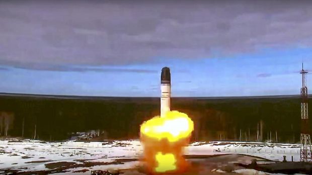 In this handout photo released by Roscosmos Space Agency Press Service on Wednesday, April 20, 2022, the Sarmat intercontinental ballistic missile is launched from Plesetsk in Russia's northwest. Russia said on Wednesday it had conducted a first test launch of its Sarmat intercontinental ballistic missile, a new and long-awaited addition to its nuclear arsenal which President Vladimir Putin said would make Moscow's enemies stop and think. (Roscosmos Space Agency Press Service via AP)