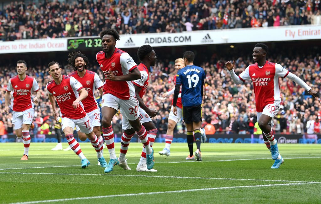 LONDON, ENGLAND - APRIL 23: Nuno Tavares of Arsenal celebrates after scoring their side's first goal during the Premier League match between Arsenal and Manchester United at Emirates Stadium on April 23, 2022 in London, England. (Photo by Mike Hewitt/Getty Images)